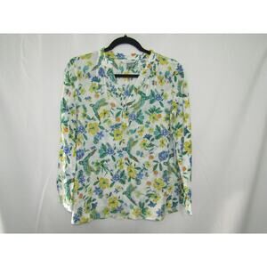 Old Navy S Linen Cotton Tunic Shirt White Floral Bird Print Long Sleeve Top